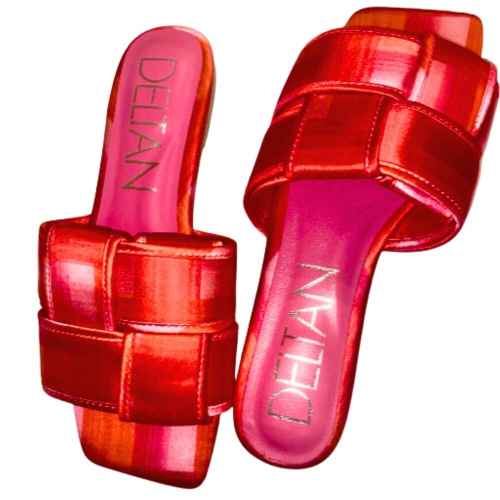 Deltan Ariel Woven Satin Flat Sandals Slides Ladies Size 6.5M Red Pink Plaid